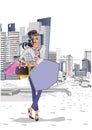 Fashion young woman in hat with shopping bags in the city. Fashion girl portrait sketch. Royalty Free Stock Photo